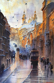 08-Tram-Ukraine-Igor-Dubovoy-Realistic-Urban-Watercolor-Paintings-www-designstack-co