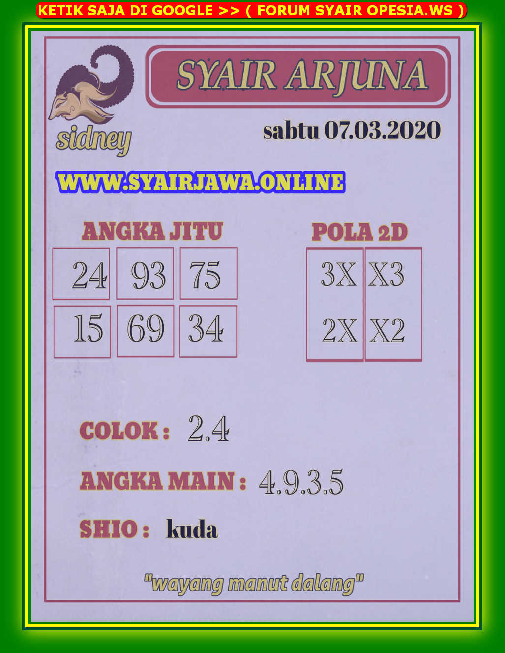 Syair Sydney 7 Maret 2020 KODE SYAIR SGP SYAIR HK SYAIR