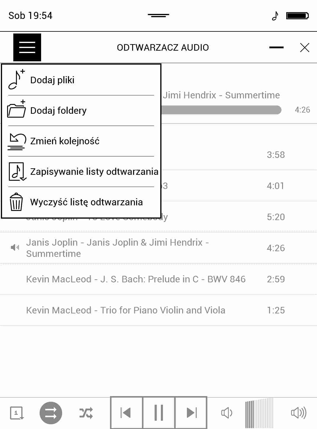 Kontekstowe menu w odtwarzacza audio w czytniku e-booków PocketBook Touch HD 2