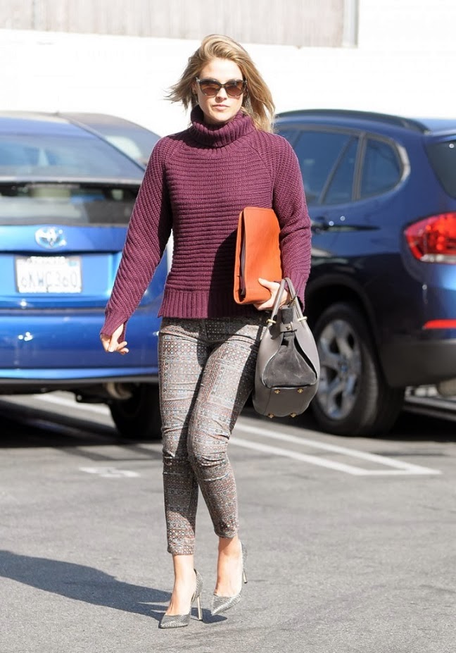 Ali Larter in maroon sweater with Etoile Isabel Marant Skinny jeans
