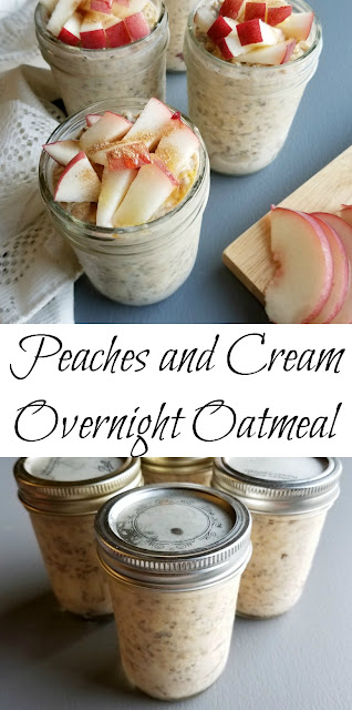 It doesn't get much easier than this Peaches and Cream Overnight Oatmeal. 6 ingredients and one step for a quick, delicious grab and go breakfast! Creamy, dreamy and delicious, these overnight oats make the morning so easy. Just grab and jar and a spoon and hit the road! If you want to serve to guests, you can dress them up with a few more fresh chopped peaches, a drizzle of honey and a sprinkle of cinnamon. Either way, you'll be glad you did it!