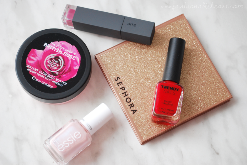 bbloggers, bbloggersca, canadian beauty bloggers, beauty blog, january faves, favorites, the body shop, british rose, instant glow body butter, bite beauty, amuse bouche, liquified lipstick, mauvember, 2017, sephora collection, winter magic, palette, thefaceshop, trendy nails, rd302, red polish, essie, just stitched, cashmere matte, nail polish