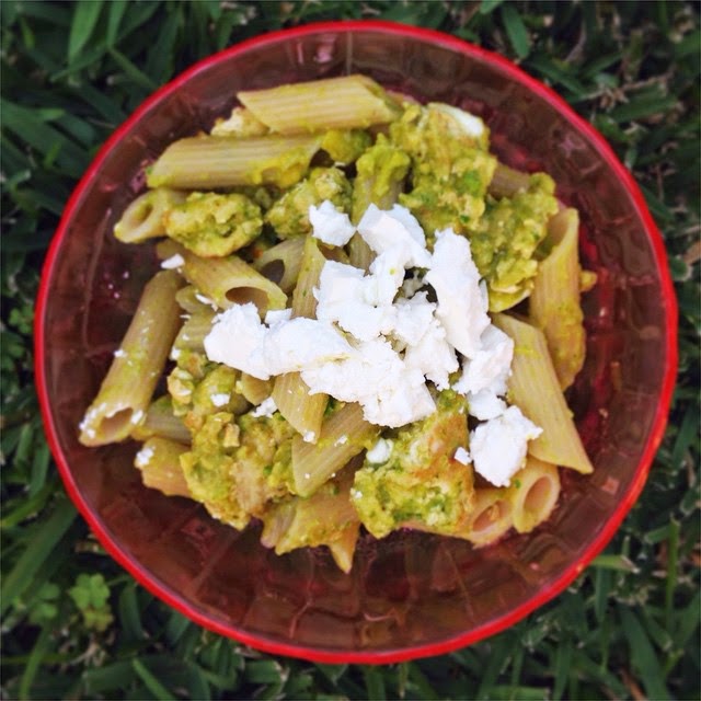 Pasta with Grilled Chicken, Avocado and Feta