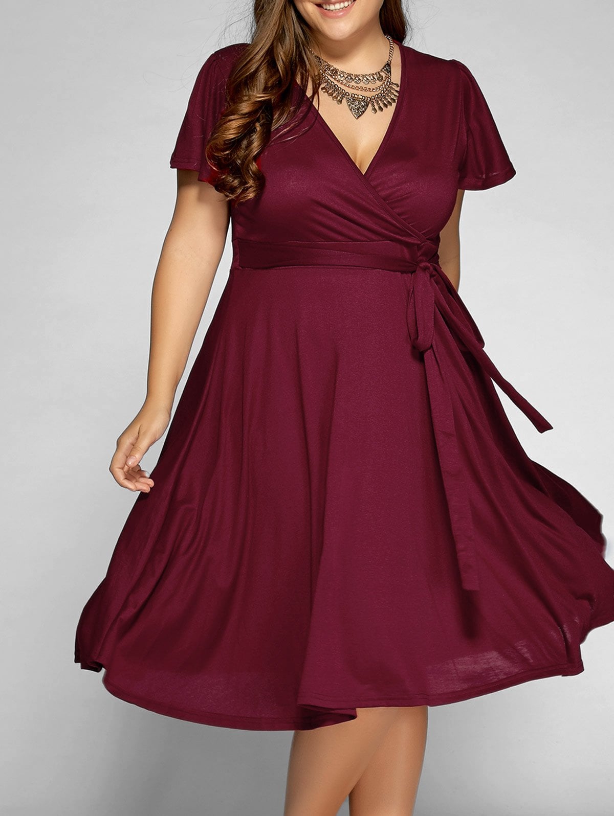 Low Cut A Line Plus Size Surplice Front Tie Swing Dress