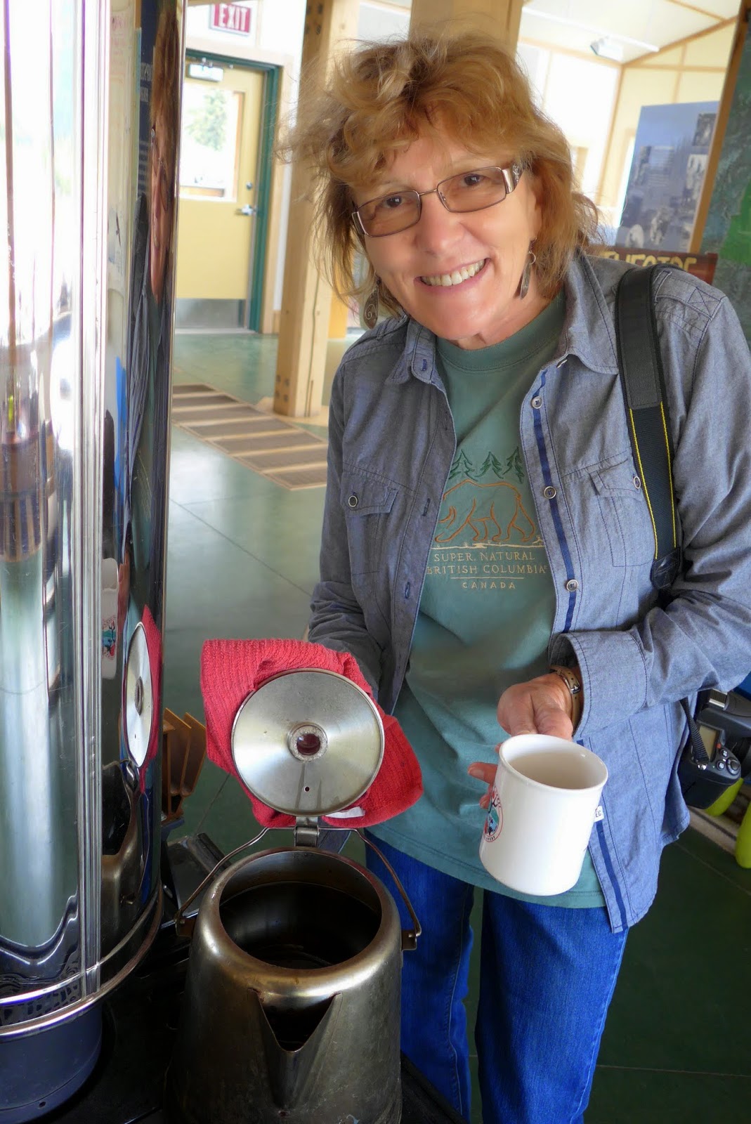 Liz enjoying a cup of herbal tea at the Tombstone Territorial Park Visitor Center.