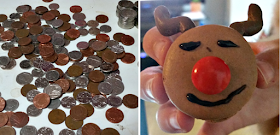 coins on a table and a reindeer macaron 