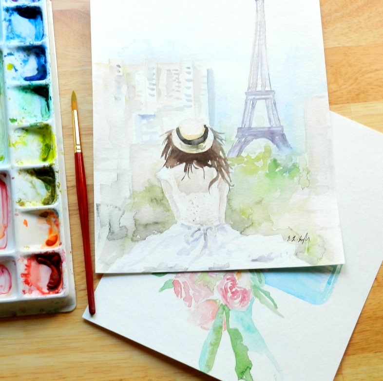 Girl in hat looking at Eiffel Tower- Original Watercolor by Elise Engh