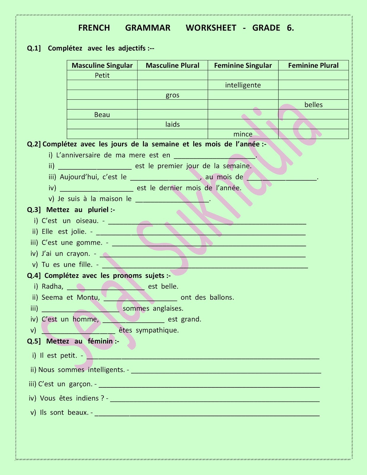 French Grammar Worksheet 1 Grade 6 French Sejal Sukhadia