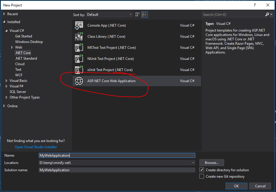 Creating a new .NET Core web application