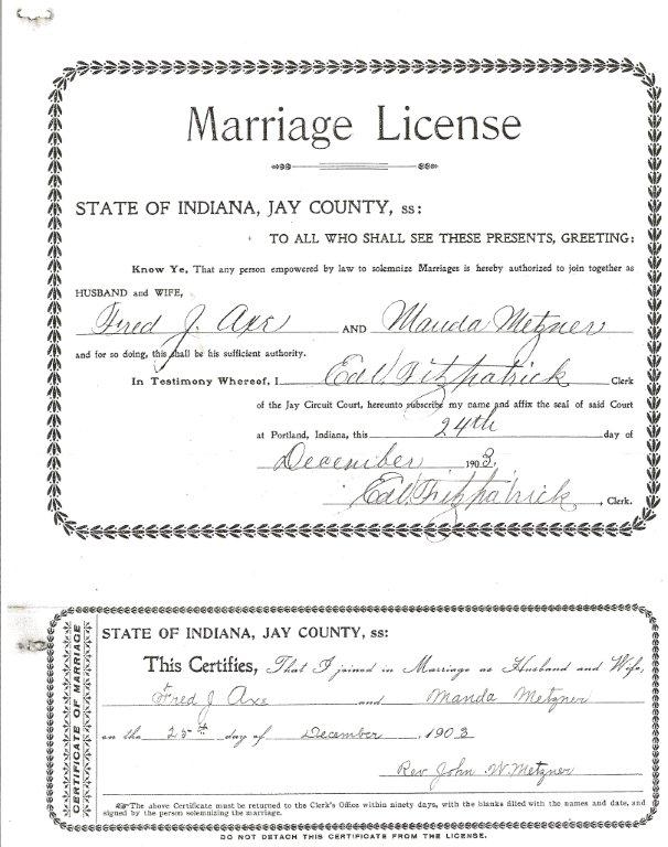 Marriage License & Return Fred J. Axe to Manda Metzner, 1903 TJL