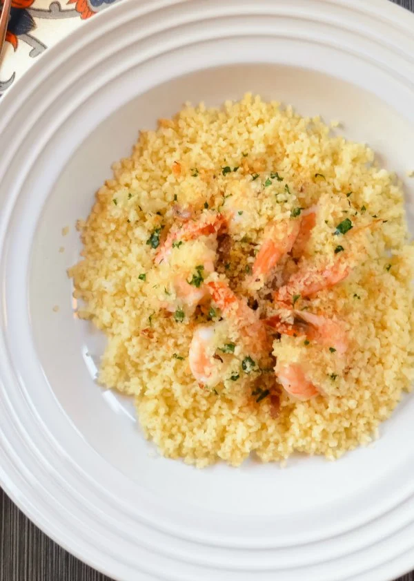 Panko Garlic Herb Baked Shrimp served over couscous is a super easy to make delicious dinner from Serena Bakes Simply From Scratch.