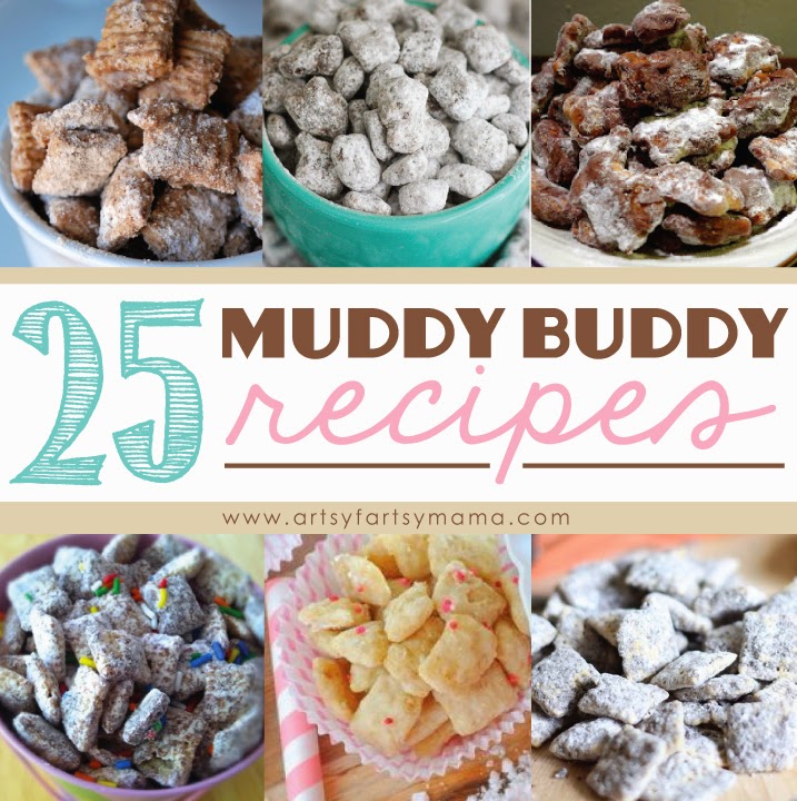 25 Muddy Buddy Recipes at www.artsyfartsymama.com #muddybuddies