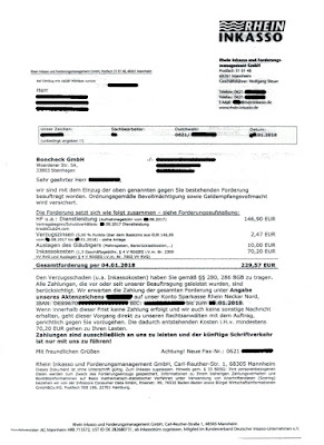 Scan: Zahlungsaufforderung Rhein Inkasso für Boncheck GmbH | Januar 2018