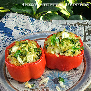Orzo Stuffed Peppers ~ Delicious side dish or appetizer, with Feta and Arugula #SideDish #StuffedPeppers
