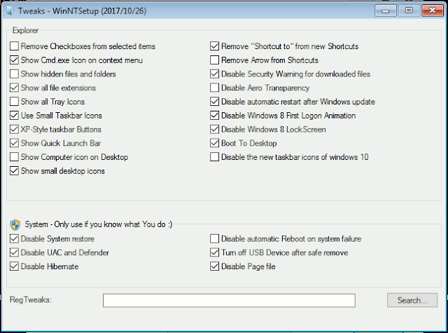 WinNTSetup3 tweaks settings window.