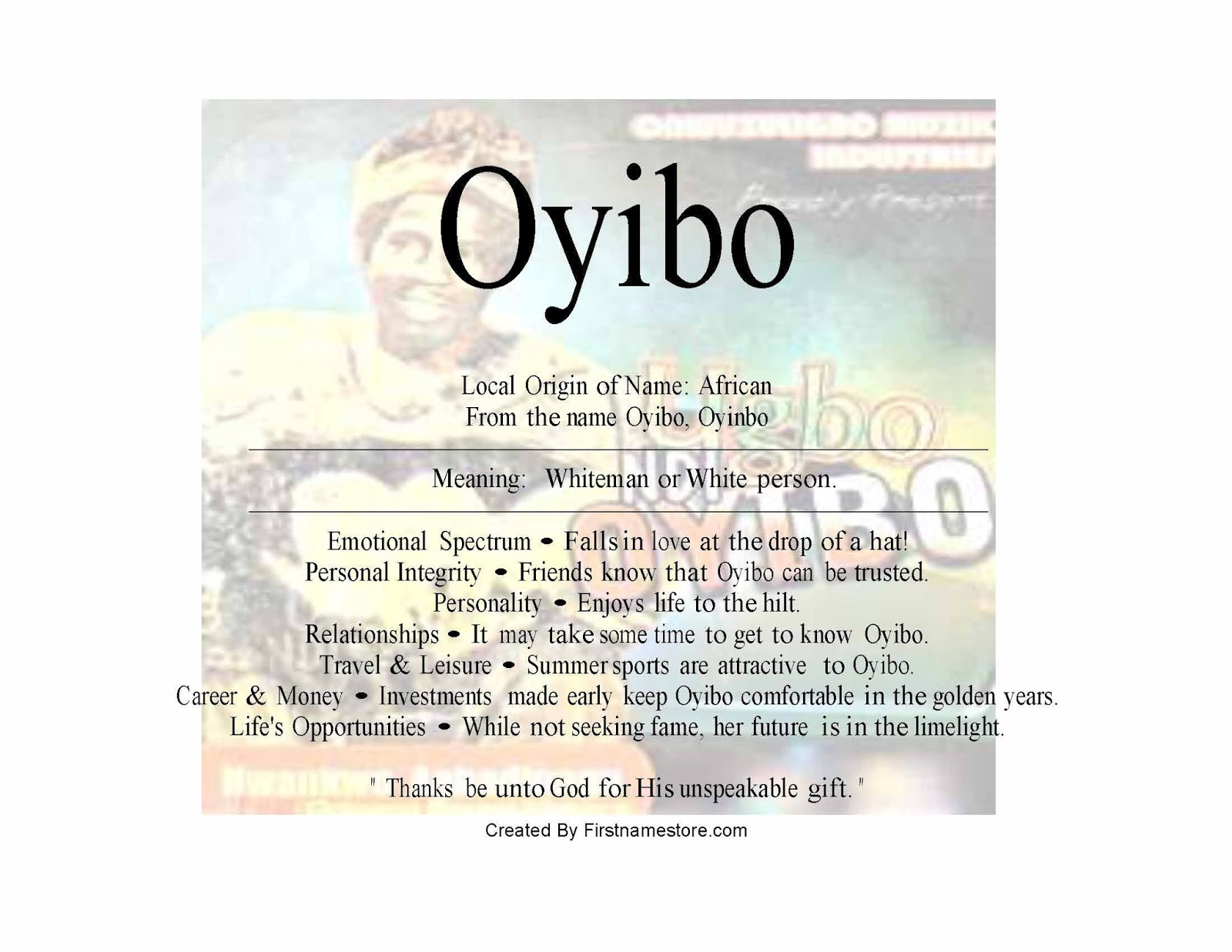 Firstnamestore Com Oyibo Name Means White Person