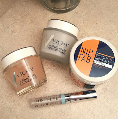Vichy Double Glow Peel Mask, Vichy Pore Purify Clay Mask, Nip & Fab Glycolic Fix Night Pads Extreme, Indie Lee- Blemish Stick, Jouviance - Micelle Solution, The Body Deli - Sage & Grapefruit cleanser, Nip & Fab - Glycolic Scrub Fix, Vichy - Normaderm Purifying Lotion, Poetic Blend - The Hero Oil, Clinique - Pep- start hydroblur moisturizer,  canadian beauty blogger, beauty blogger, skincare, toronto blogger, toronto, canada, pimple care, problem skin solution, 