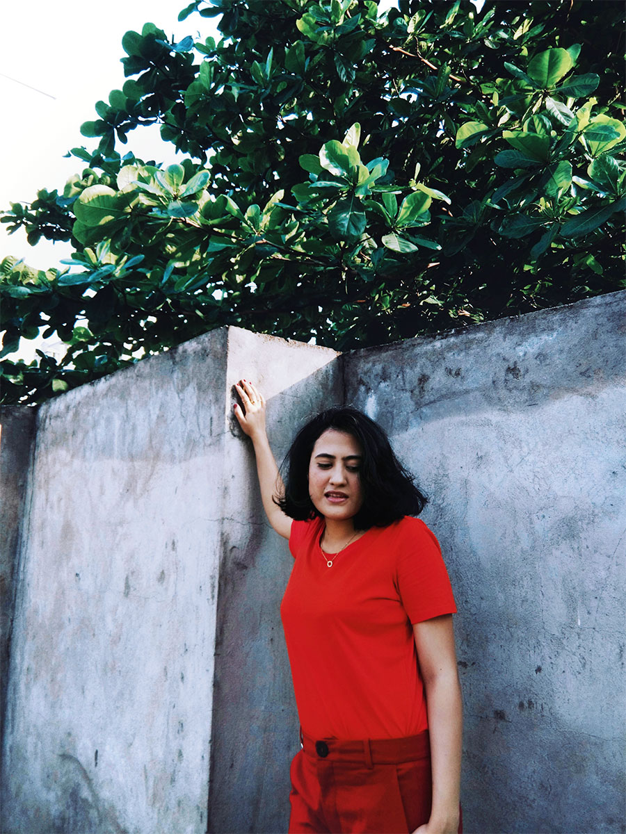 MONOCHROME SUMMER OUTFIT TO TRY |STYLE AND ILLUSTRATION BLOG BY DHEERA JOSHI Next Red Top, mango red Highwaist trousers ,Zara Red Patent Block Heel,Black Velvet Mini Bag