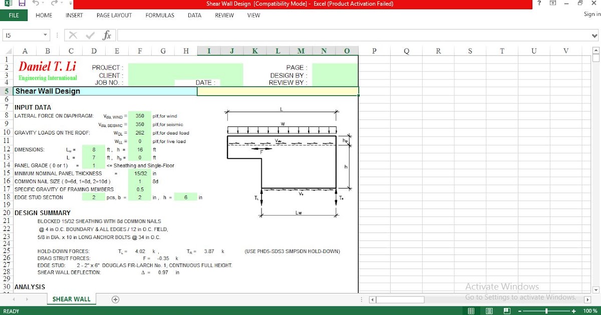 Excel Spreadsheet for Design Shear Wall Engineering Society