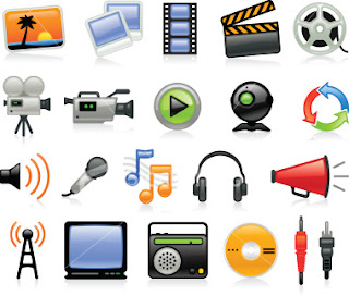 There are various representations of media lined up. The top two rows are pictures, movies, and film; the bottom two represent audio.