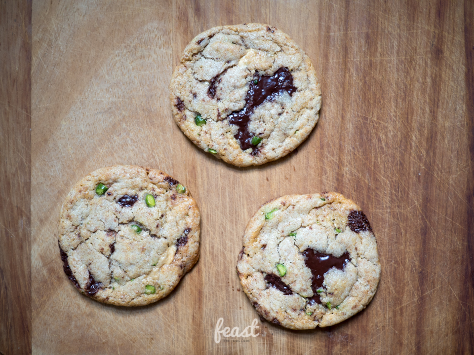 Pistachios, halva and dark chocolate chips cookies Feast The Culture