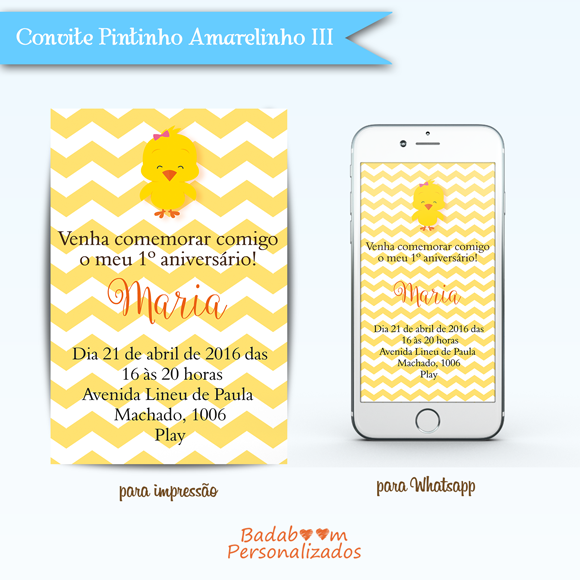 Kit de artes digitais para convite no tema Pintinho Amarelinho III para impressão e Whatsapp.
