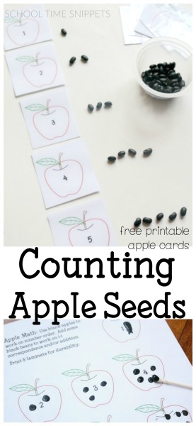 Free Apple Math Printable to work on counting to 10-- a variety of ways to use the printable! Love the q-tip seeds! However, the printable is adaptable to many other math concepts! apple theme counting printable