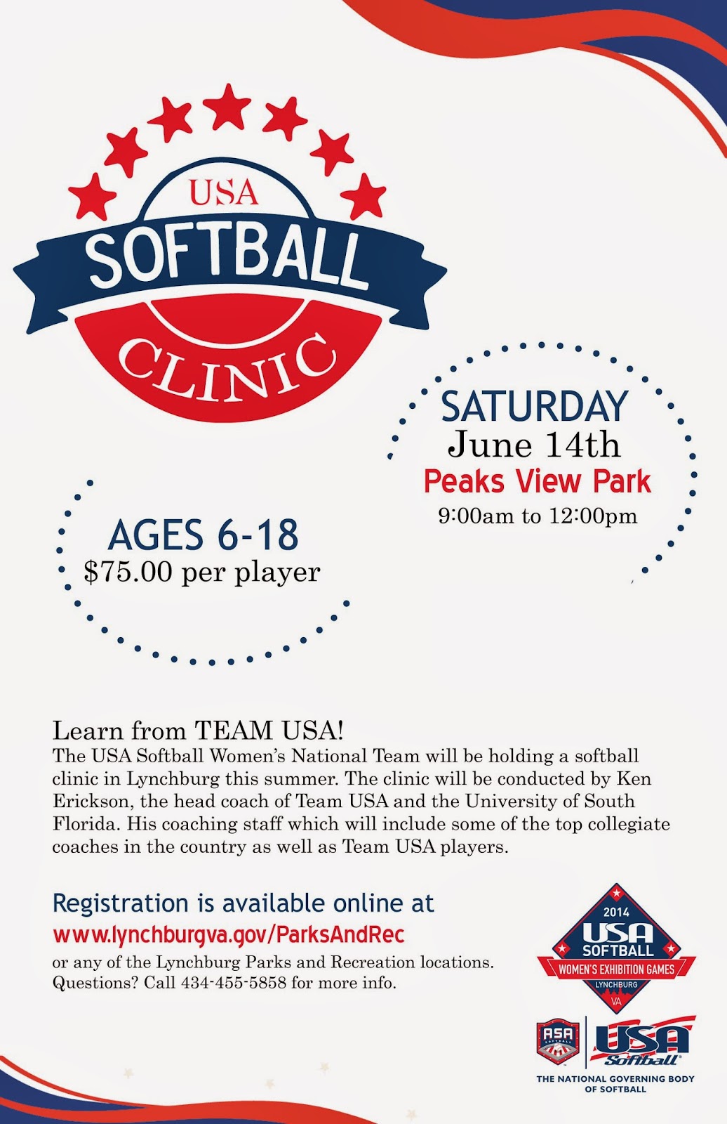 Lynchburg Parks and Recreation Internship Softball Advertisement