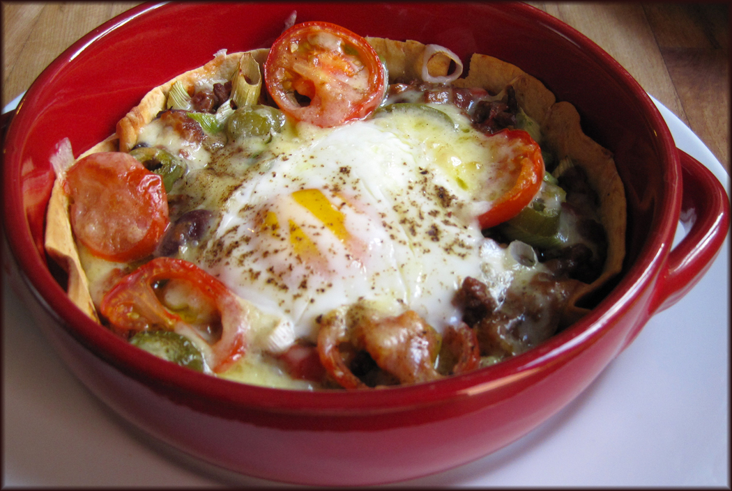 Baked Eggs with Leftover Chilli and Tortilla Wraps A Glug of Oil