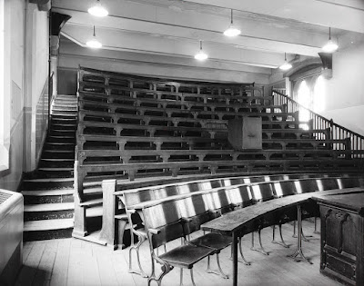 Lecture hall chairs in Gilbert Scott Building at University of Glasgow, circa 1976
