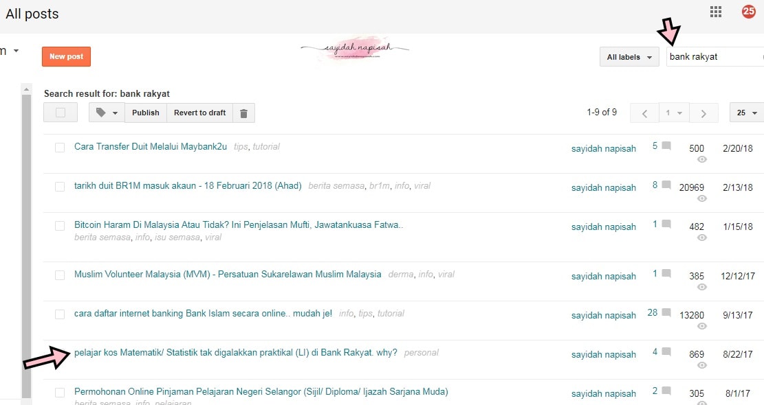 Fungsi 'Search' di Dashboard Blogger Posts makin pelik lah