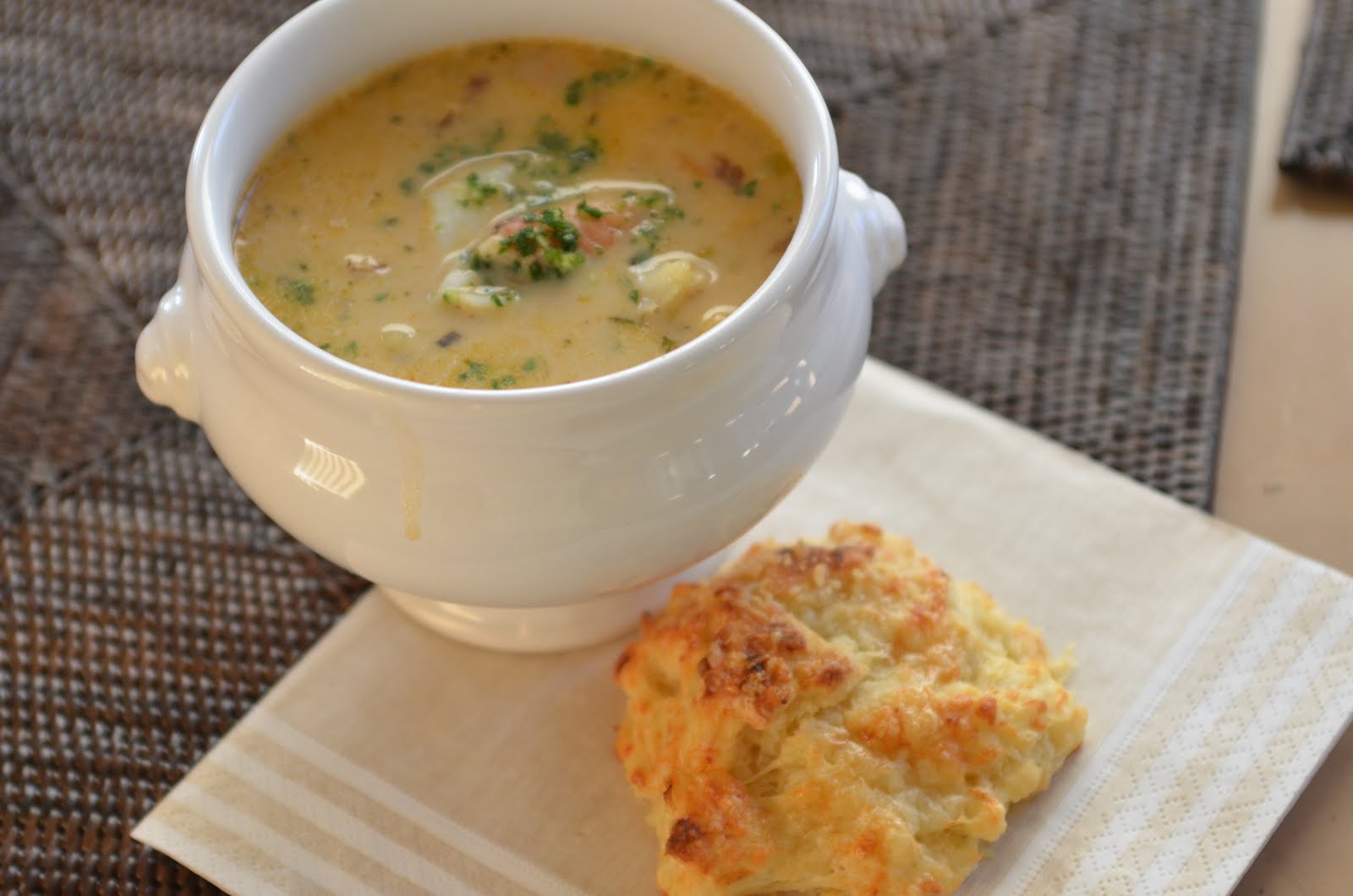 Navy Blue Kitchen Dungeness Crab and Corn Chowder with Cheddar Biscuits