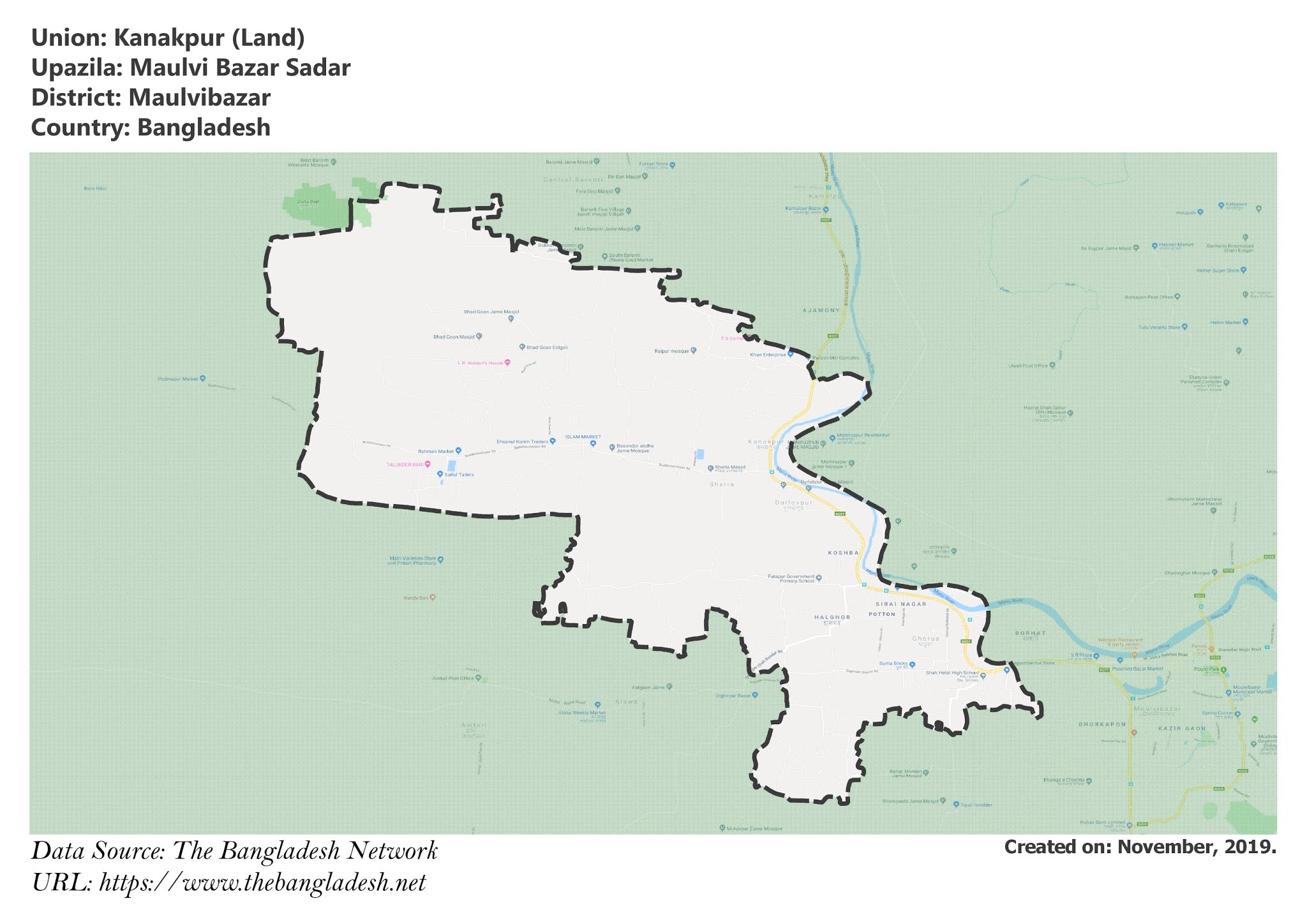 Map of Kanakpur of Maulvibazar, Bangladesh.