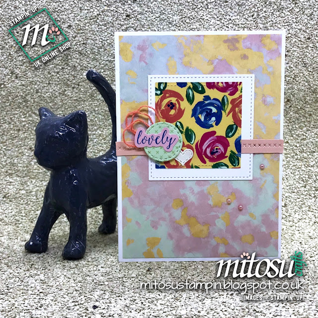 Lovely Floral Card with Stitched All Around Bundle and Garden Impressions DSP by Stampin' Up! from Mitosu Crafts UK Stampin' Up! Stitched All Around Bundle & Garden Impressions DSP Card Idea, Order From Mitosu Crafts UK Online Shop