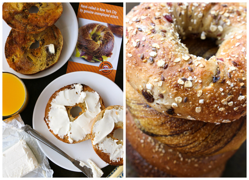The Ultimate Bagel Bagel Brunch Board featuring New Yorker Bagels is loaded with bagel toppings galore!  A variety of spreads, fruits, vegetables, cheeses, meats, and a few unique toppings make this bagel board a showstopper. #breakfast #brunch #bagels #ad 