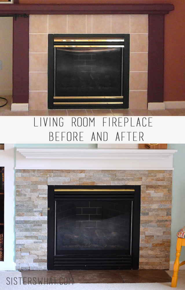 fire place update with stone and white mantel
