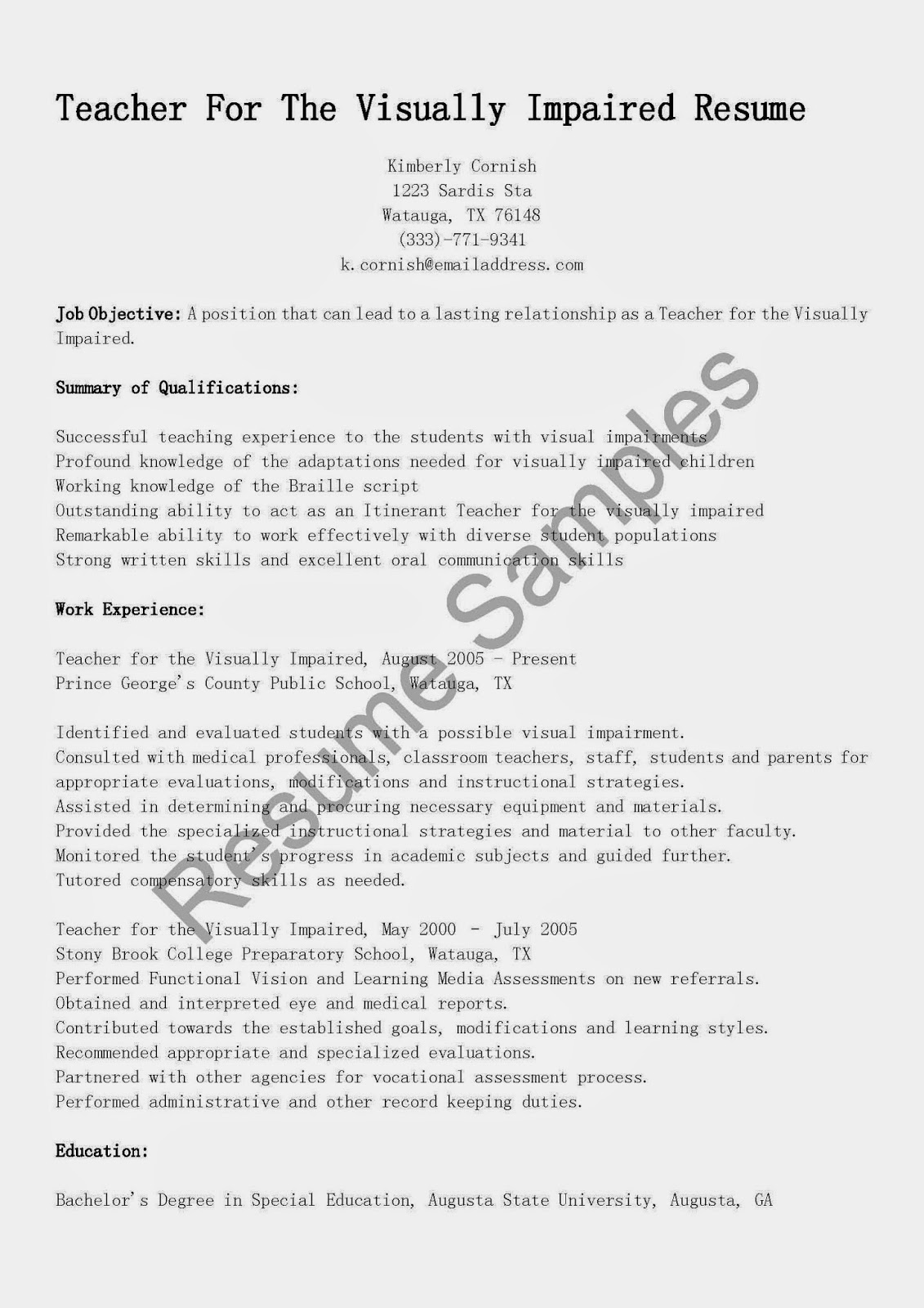 Resume Samples Teacher For The Visually Impaired Resume Sample