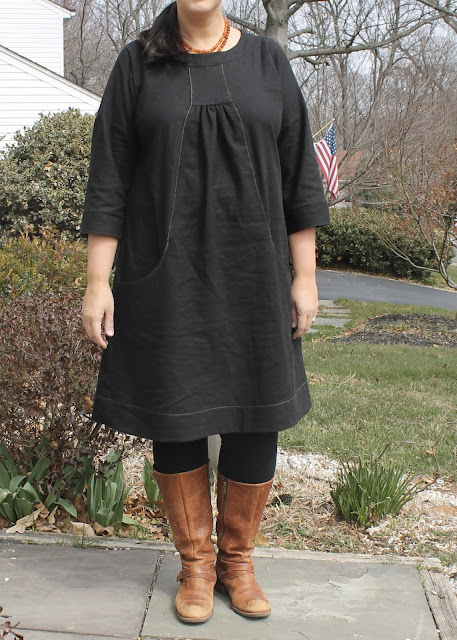 A black linen dress made using the Lisette Portfolio/Simplicity 2245 sewing pattern.