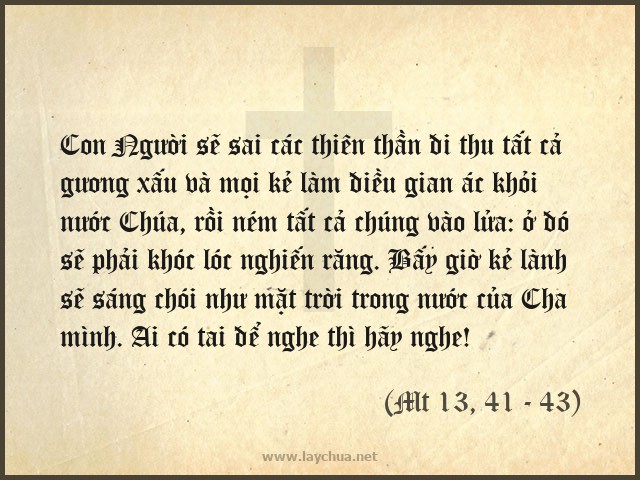 Cũng như người ta thu lấy cỏ lùng, rồi thiêu đốt trong lửa thế nào, thì ngày tận thế cũng sẽ xảy ra như vậy