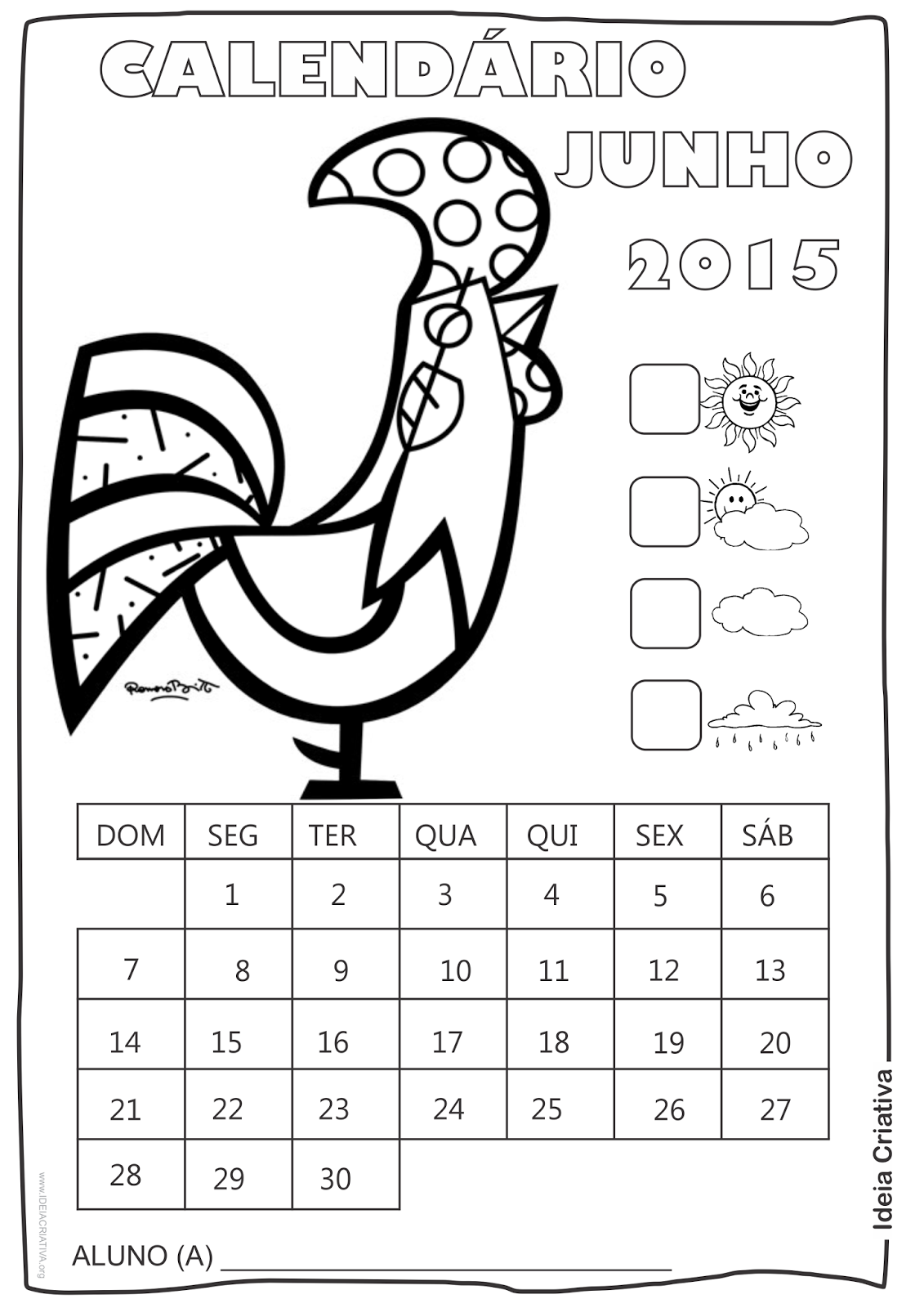  Calendário  Maio 2015 com Desenho Galo de Romero Britto para Colorir 