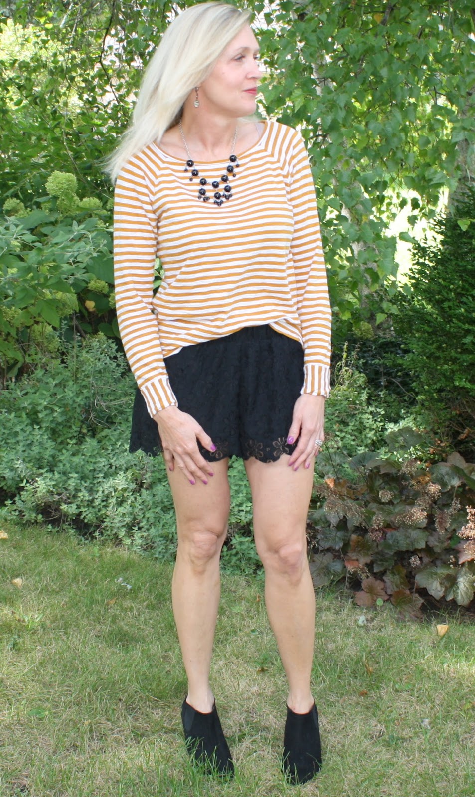 Amber Striped Top, Black Lace Shorts, Black Booties