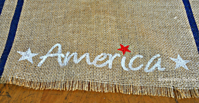 Quick Easy DIY 4th of July Patriotic No Sew Grain sack Stripe Stenciled Burlap Table Runner by Serendipity Refined