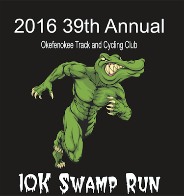 If you see someone wearing a shirt with this design on it, you'll know that she ran in the 39th annual Okefenokee Swamp Run 10K. 39th annual Okefenokee Swamp Run