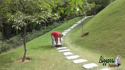 Bizzarri trabalhando, fazendo um caminho de pedra no jardim, sendo caminho com cacão de Goiás com junta de grama em casa em condomínio na Cantareira. 1 de fevereiro de 2017.