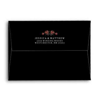 black envelope Halloween wedding invitation with red roses and return address printed