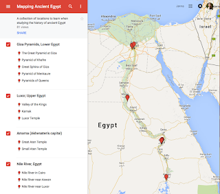 A google maps screen that is focused on Egypt, with red pinpoints at along the Nile River. On the left is a listing of locations, including the Giza Pyramids and Lower Upper Egypt.
