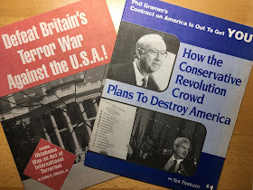 Two magazine covers: “Defeat Britain’s Terror War Against the U.S.A!” and “How the Conservative Revolution Crowd Plans To Destroy America”