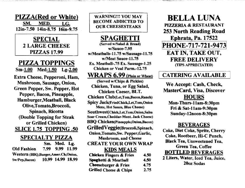 Lancaster/Reading PA Menus Menu Bella Luna Pizzeria & Restaurant Ephrata, PA
