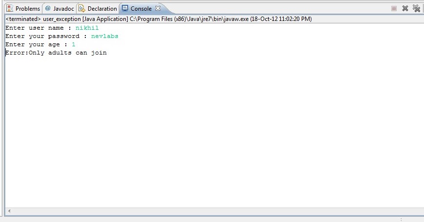 Java program to create user defined exception handling ~ TechieTopics