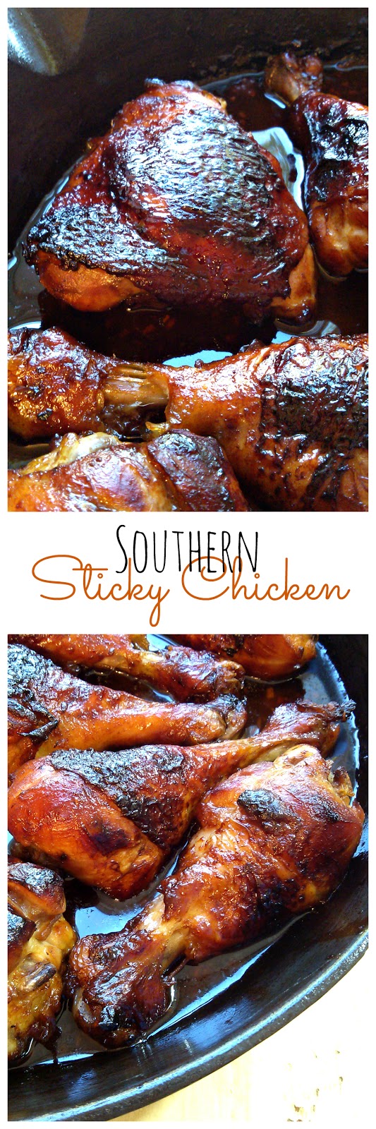 Southern Sticky Chicken slow cooks in an easy sauce in a cast iron skillet. The chicken braises in a slightly sweet tangy sauce and is fall-off-the-bone tender.